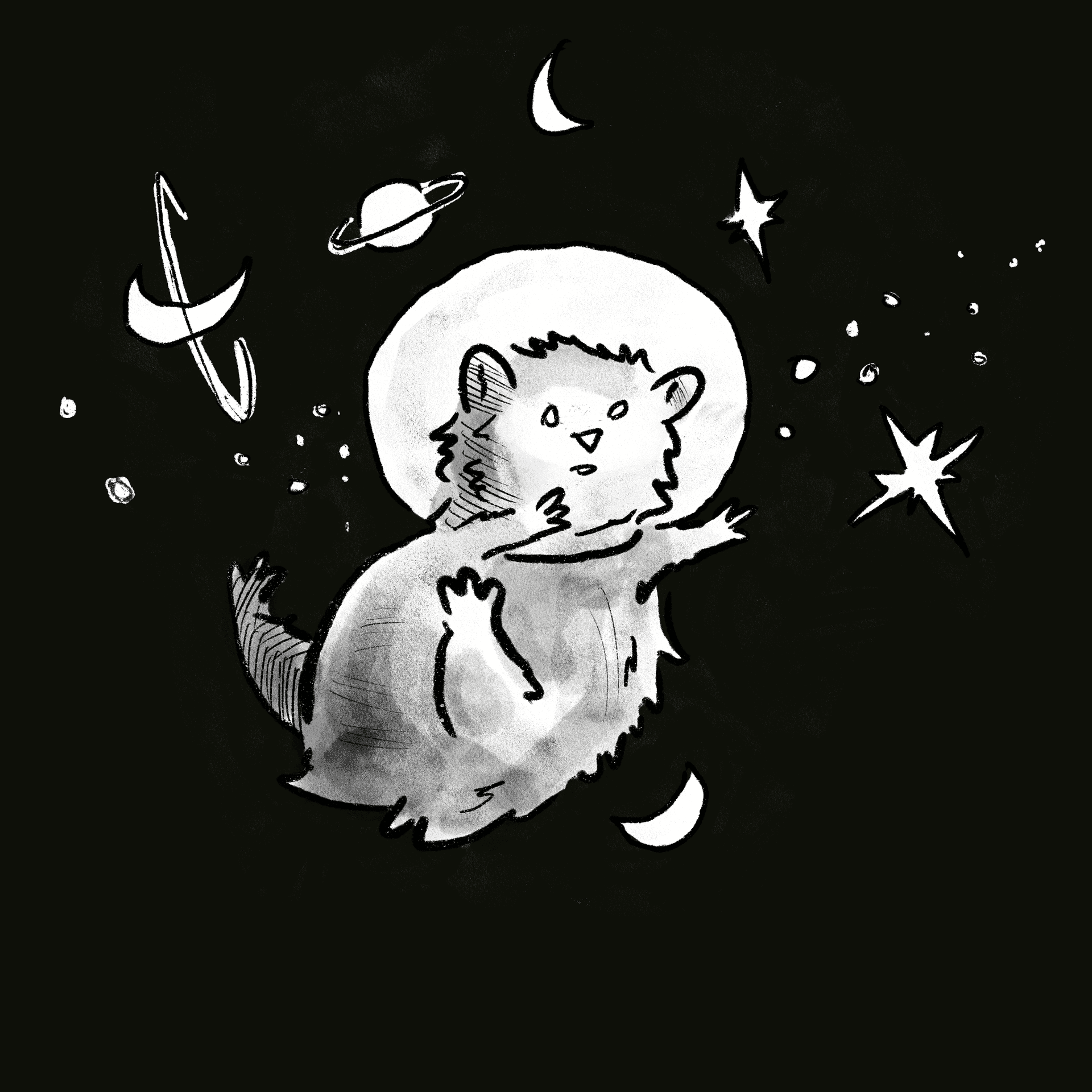 Illustration of a furry creature floating in space with planets and stars around it.