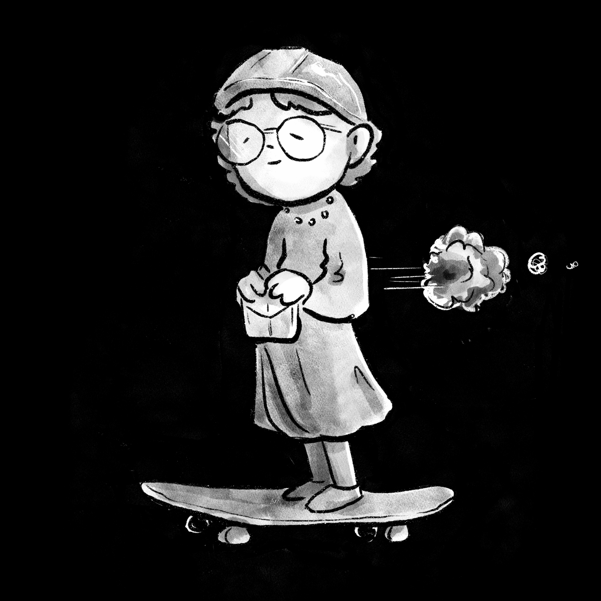 Cartoon character with glasses on a skateboard, holding an envelope, with smoke coming from behind.