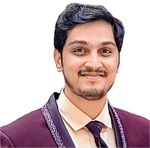 Smiling person in a maroon suit with embroidered details on a light blue background.