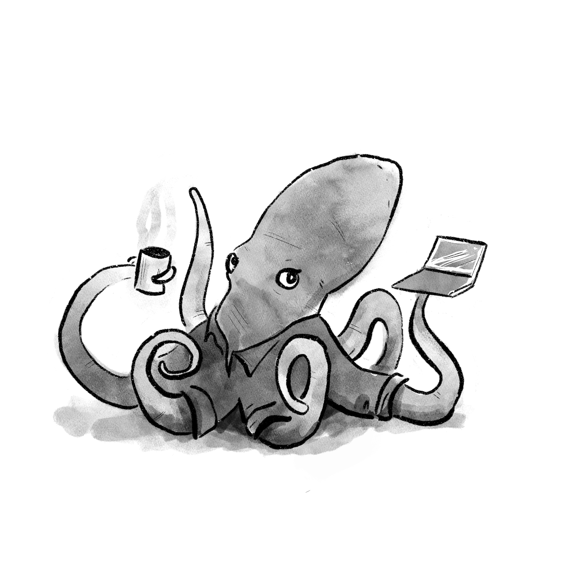Cartoon squid with coffee mug and laptop, set against a black background.