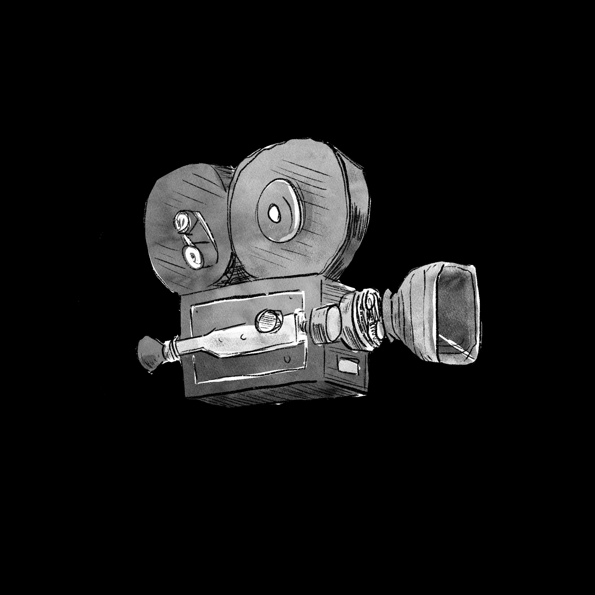 Illustration of a vintage film camera with dual reels and a large lens.