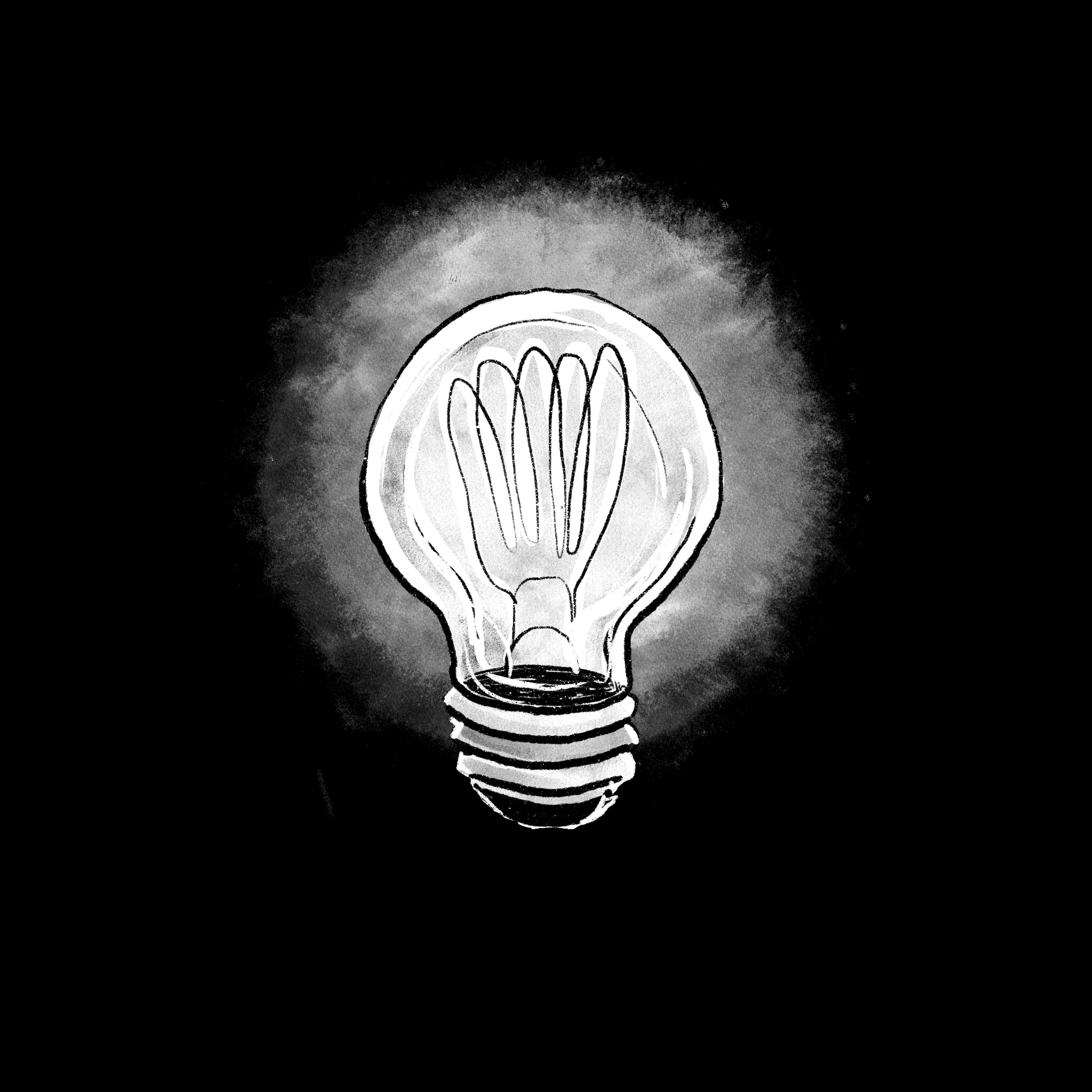 Illustration of a light bulb with dark background, showing the filament inside the glass enclosure.