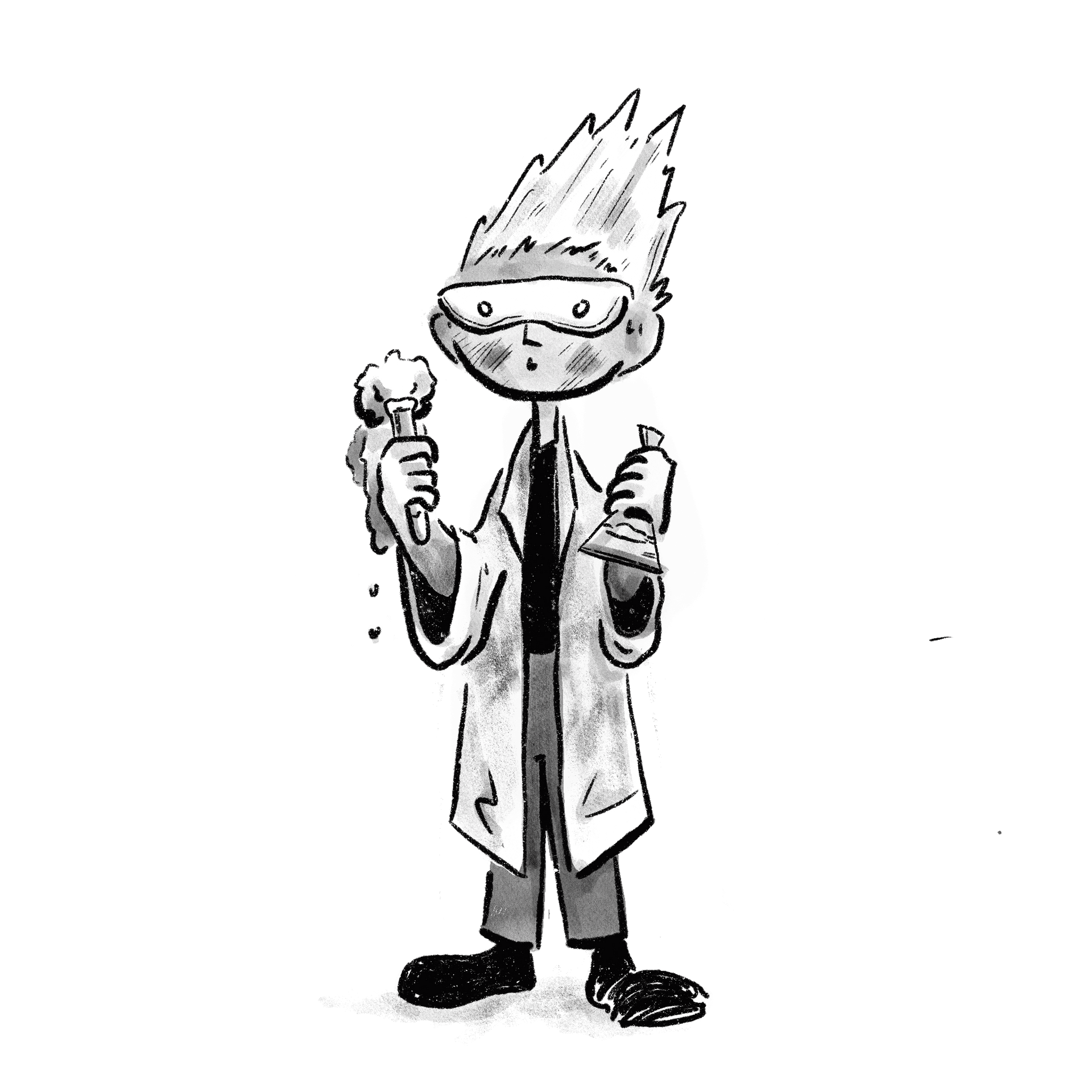 Cartoon scientist with spiky hair and goggles holding test tubes, wearing a lab coat.